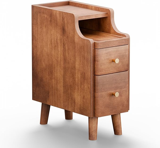 Narrow Nightstand with Drawers, 19.7" H Pre-Assembled Solid Wood Small Skinny Night Stand with Open Sliding Shelf, Mid Century Modern Slim Bedside Table for Bedroom, Sofa End Side Table, Walnut