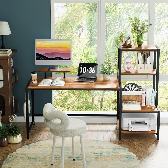 GreenForest Computer Desk 58 inch with Printer Shelf, Reversible Office Desk with Monitor Stand and 2 Hooks, Home Workstation for Study Writing Working Gaming, Brown