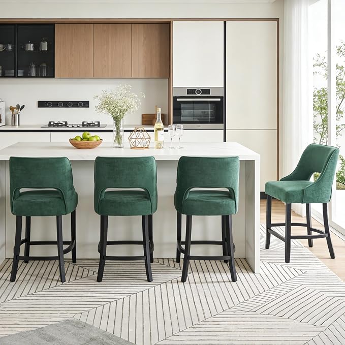 ClinQ Bar Stools Set of 6, 26" H Counter Height Bar Stools with Backs, Modern Upholstered Accent Barstools with Curved Footrest for Kitchen Island, Dining Room and Bar, Green-Black Legs