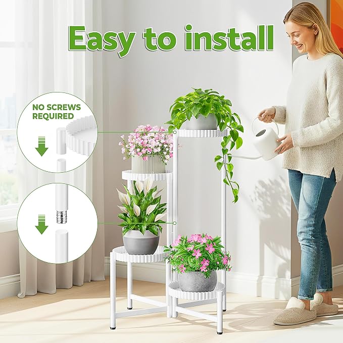 Metal Corner Plant Stand Indoor Outdoor, 4 Tier Tall Flower Pot Holder Potted Display Rack Shelf, Heavy Duty Flodable Plant Shelf for Patio Garden Balcony Living Room Bedroom - WhiteFloroma