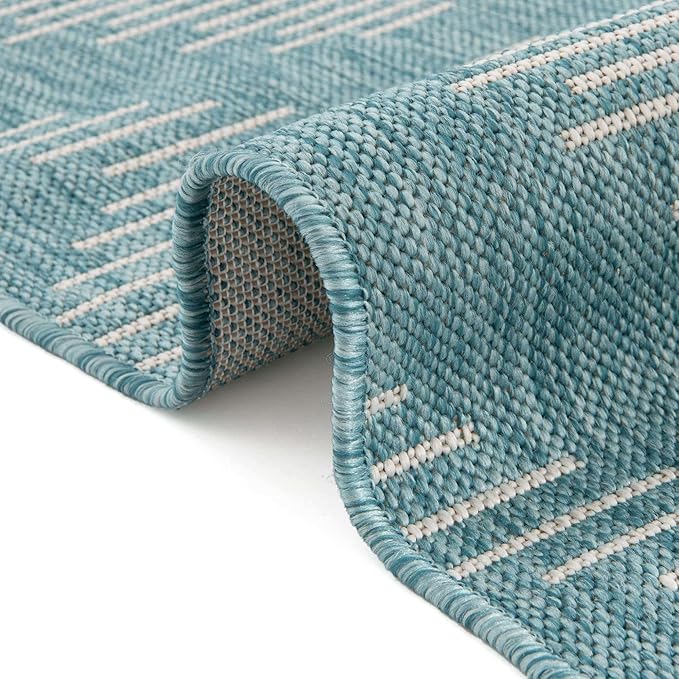 Rugs.com Outdoor Modern Collection Rug – 9' x 12' Light Aqua Flatweave Rug Perfect for Living Rooms, Large Dining Rooms, Open Floorplans