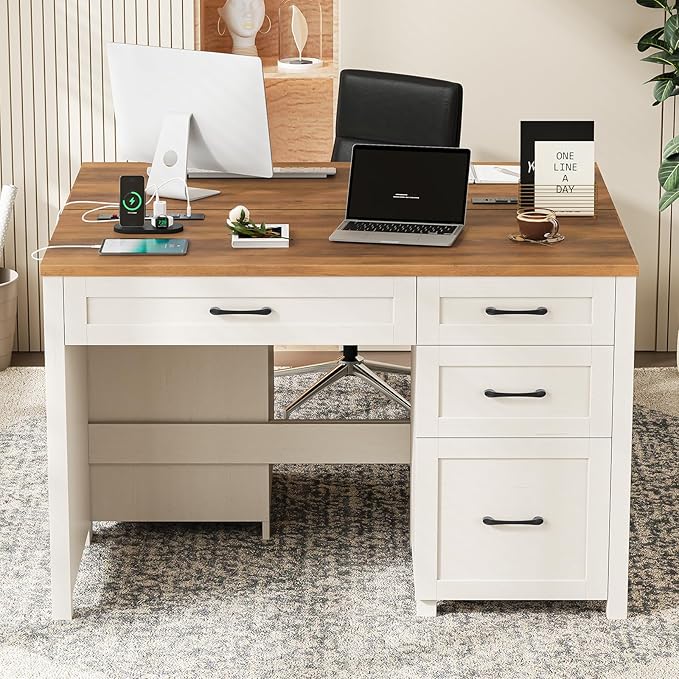 Vabches Farmhouse 47" Executive Desk, Computer Desk with File Drawer and Charging Station, Workstation for Home Office & Study.Unique White