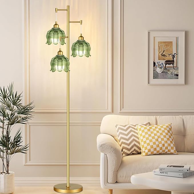 Gold Floor Lamp for Living Room Bedroom,3 Lights Modern Floor Lamps with Unique Green Glass Shades,68IN Mid Century Tall Standing Lamp,Vintage Tree Floor Lamp for Corner Office Reading Bulb Included