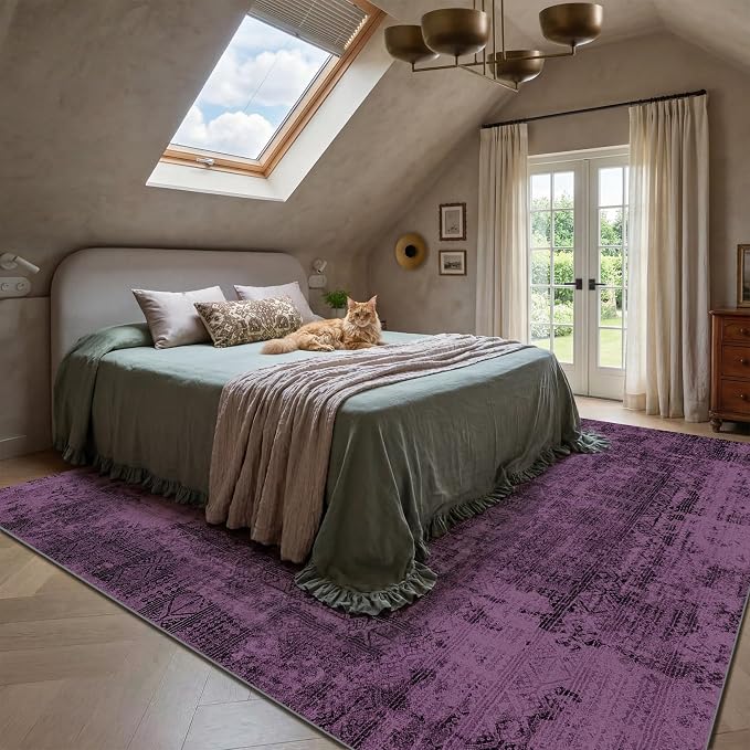 Kokia Abstract 9x12 Area Rugs Living Room Washable Low Pile Non-Slip Indoor Decor Purple Carpet Foldable Stain Resistant Ombre Rugs Bedroom Dining Room, Oslo Plum