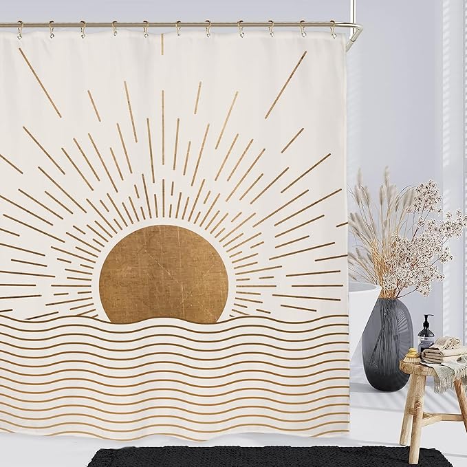 Miyotaa Sun Minimalist Shower Curtain Set 60Wx71H Inches Mid Century Sunrise Sunset Vintage Aesthetic Retro Polyester Waterproof Cloth Bathroom Curtain with 12 Hooks