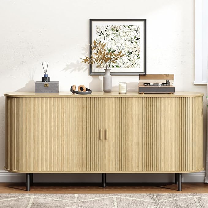 Buffet Cabinet with Storage, Fluted Sideboard Buffet with Sliding Door, Coffee Bar Cabinet with Adjustable Shelf, Console Table, Accent Table for Entryway, Kitchen (Oak, 63 Inch)