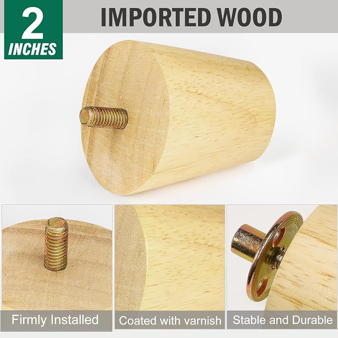 FoDau770 Rubber Wood Furniture Legs 2 Inches, Slant Tapered Wood Feet Mid Century Sofa Legs Set of 4, 5/16" UNC Furniture Feet Replacement Parts for Cabinet Couch Dresser Chair Ottoman Table