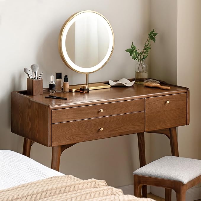 Small Vanity Desk, Solid Wood Dressing Table with Drawer Divider, Study Desk and Vanity Desk for Bedroom, Walnut Color, 18" D x 31" W x 32" H