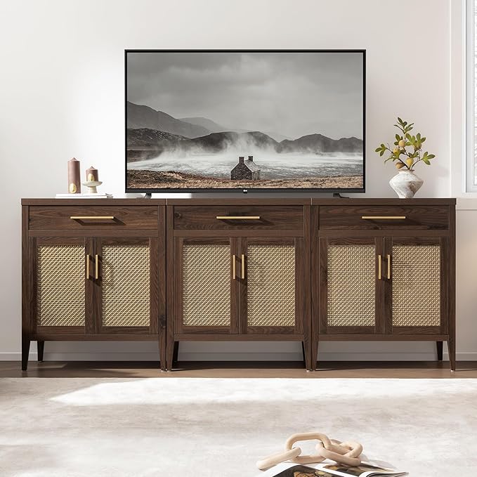 SICOTAS Buffet Cabinet Set of 2 - Modern Sideboard Cabinet Tall Credenza with Drawers & Metal Mesh Doors, Accent Buffet Table Coffee Bar for Living Room Dining Room Entryway, Espresso Walnut