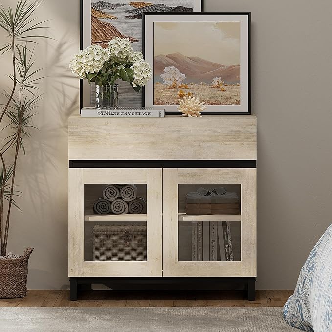 WAMPAT Sideboard Buffet Cabinets with Glass Doors and Drawer, Modern Sideboard Credenza with Adjustable Shelf, Coffee Bar Storage Cabinet for Living Room, Kitchen, Light Oak