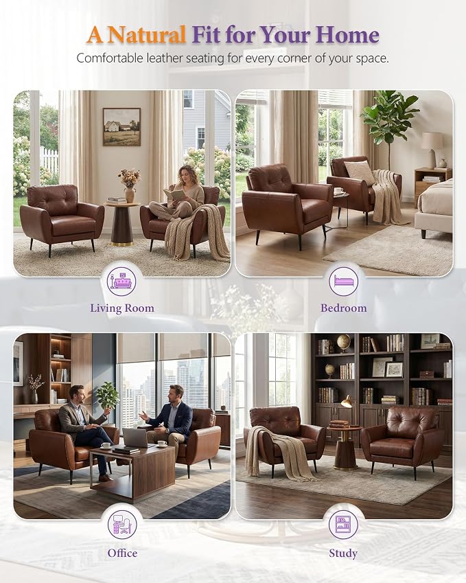 TYBOATLE Accent Chair, Comfy Modern Living Room Brown Leather Reading Accent Chairs Tufted Mid Century Arm Chair Small Salon Chair for Office Bedroom(1, Brown)