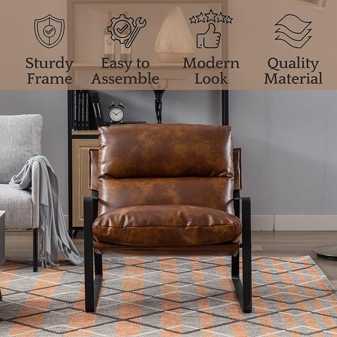 LukeAlon Modern PU Leather Accent Armchairs Set of 2, Upholstered Soft Living Room Chairs with Black Metal Legs Removable Thickened Cushion Sofa Chairs Lounge Chair for Bedroom Living Room, Brown