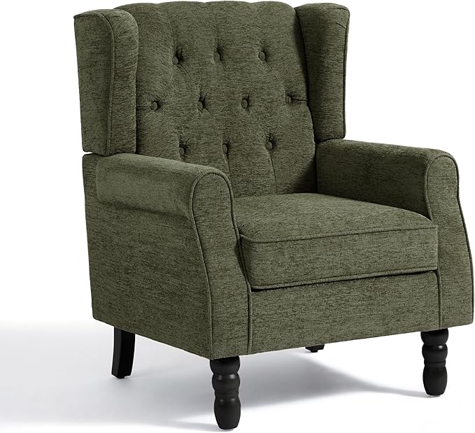 High Back Accent Chairs Set of 2, Upholstered Armchair Wingback Arm Chair for Living Room, Comfy Single Sofa Solid Wood Legs Bedroom Reading Seat - Green