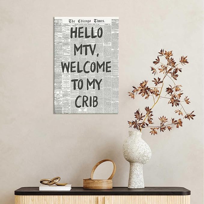 Drimiler Hello Mtv Welcome To My Crib Poster Vintage Black And White Newspaper Canvas Wall Art Positive Affirming 70'S Room Aesthetic Prints Painting For Home Bedroom Dorm Wall Decor 8x12in Wframed