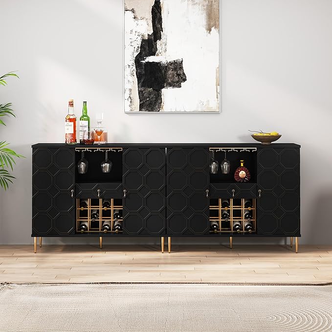 Modern Bar Cabinet with Drawer, Liquor Cabinet with Wine Glass Racks and Shelves, Geometric Door Buffet Sideboard for Dining Room, Living Room, Kitchen, Black