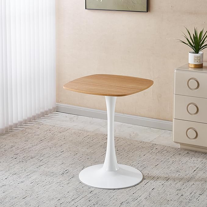 23.62 inches Square Dining Table for 2, Special Natural Kitchen Table with Tulip Shape & Metal Pedestal Base, Mid Century Modern Bistro Tulip Table for Bar, Small Space, Cafe