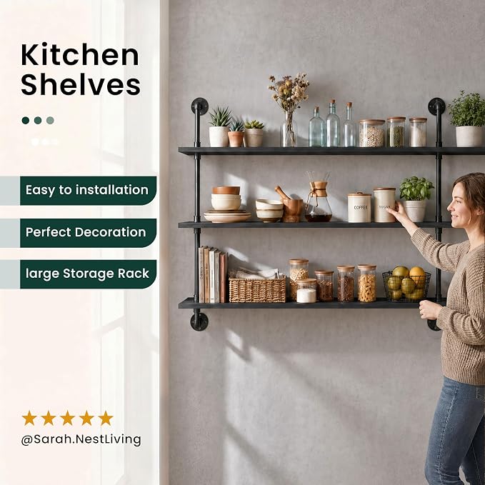 HDDFER Floating Shelves 70 inch Wall Bookshelf Industrial Pipe Shelving Shelves Real Wood Planks Rustic Wall Shelves Hanging Bookshelves Farmhouse Kitchen Bar Shelving