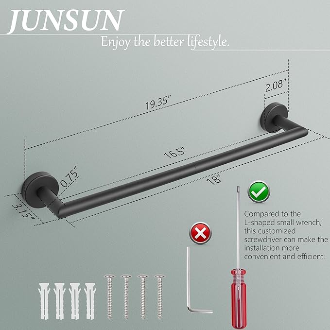 Black Towel Bar 18 Inch Bathroom Towel Racks Wall Mounted Bath Towel Holder Modern Home Decor Towel Rod Bath Towel Hanger Stainless Steel Bathroom Accessories Towel Rail Single Towel Bars Matte Black