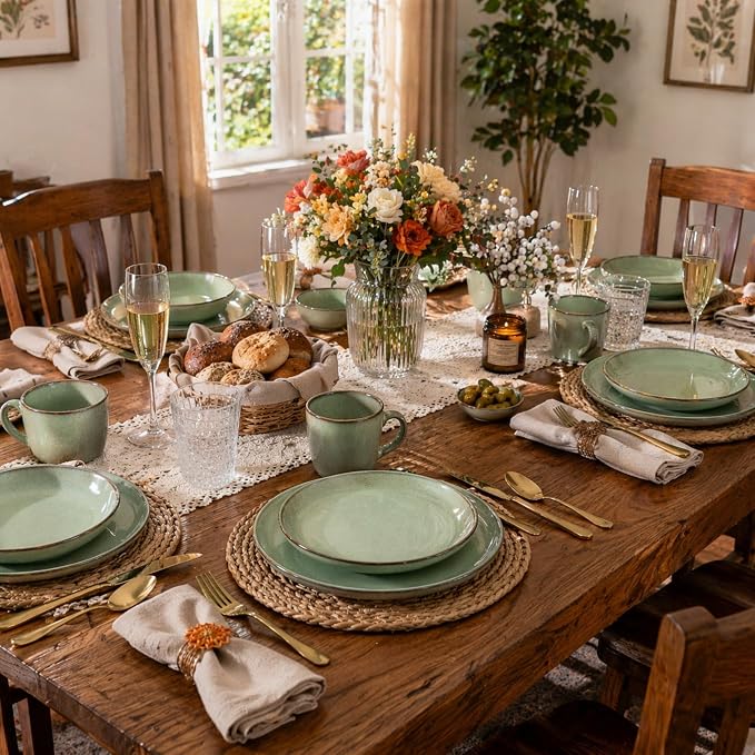 GBHOME 24 Pieces Double Bowls Dinnerware Sets for 6, Stoneware Plates and Bowls Set with Reactive Glaze, Scratch Resistant Stoneware Dishes Set, Dishwasher & Microwave Safe