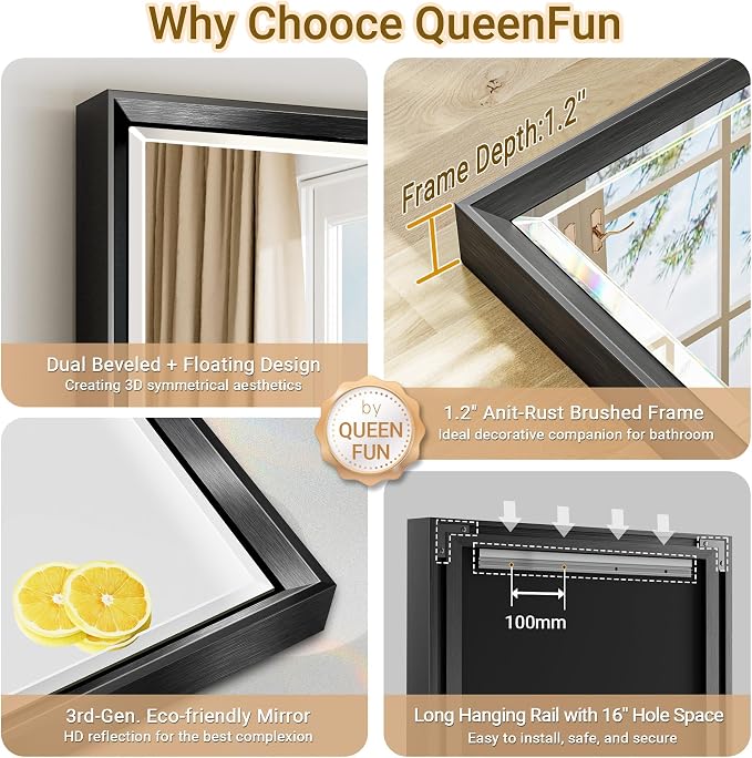 Black Framed Rectangle Beveled Full Length Mirror 16x60 Inch, Anti‑Rust Standing or Wall Mounted Full Body Mirror for Bedroom, Living Room, Entryway, Bathroom Wall