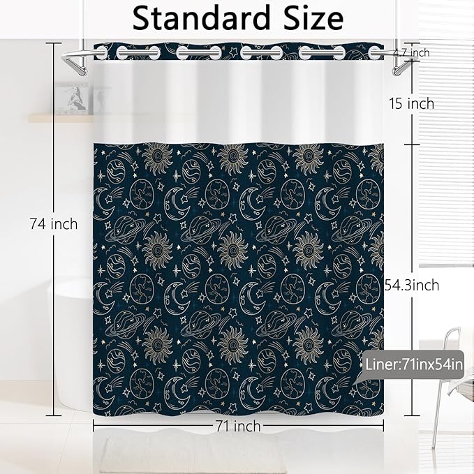 Navy Blue No Hook Shower Curtain with Snap in Liner Set - Galaxy Universe with Sun, Moon and Stars, Waterproof Fabric Double Layers for Kids Bathroom, See Through Top Window, 71x74 Inch