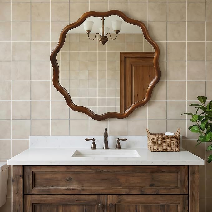 24" Wavy Round Solid Wood Frame Decorative Mirror, for Bedroom, Bathroom, Living Room, Entryway, HU26052223 (Walnut)