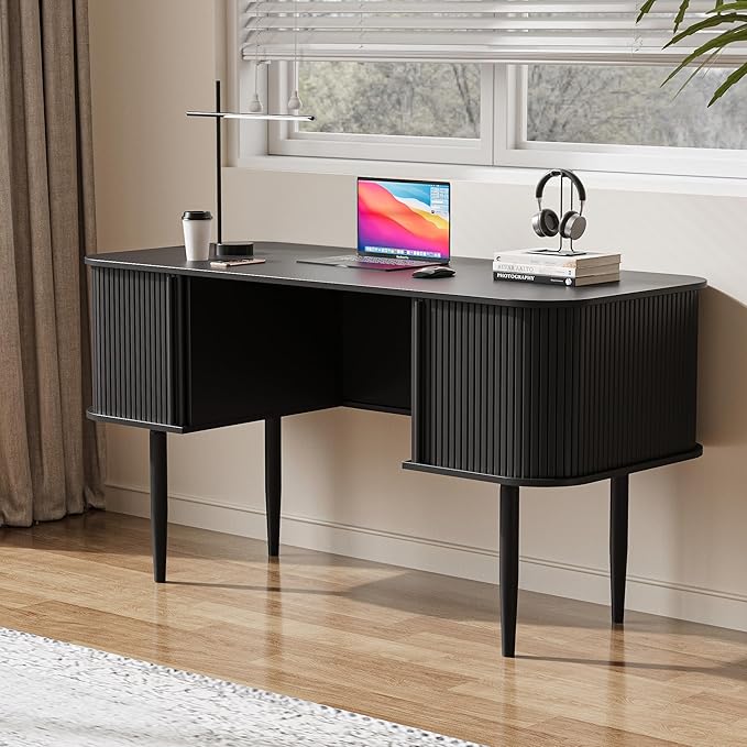 MAISONARIA 55" Modern Writing Desk with Storage, Wood Home Office Desk with Sliding Doors, Computer Desk for Home Office, Dorm, Living Room, Home Study Table, Black