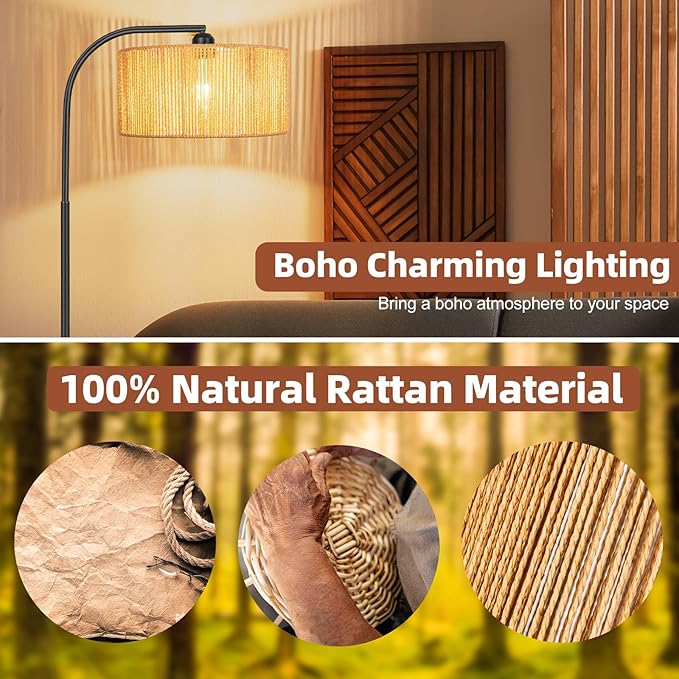 Boho Standing Lamp with Dimmable Bulb Nartual Rattan Adjustable Lampshade, Black Modern Farmhouse Rattan Floor Lamp for Living Room, Bedroom, Office, Classroom