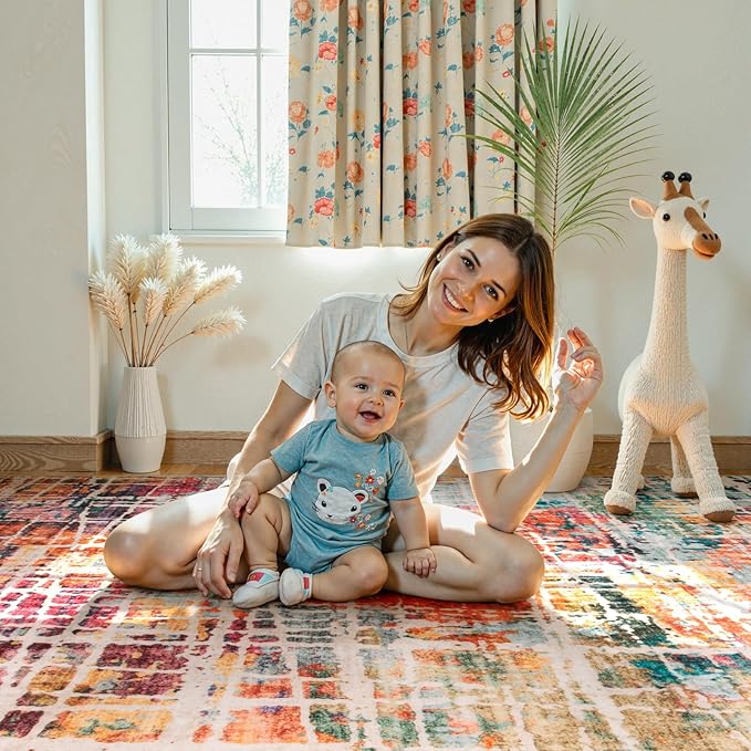 Beeiva Abstract Washable Rugs for Living Room 9x12, Modern Non Slip Area Rug, Ultra Thin Foldable Soft Carpet for Bedroom Dining Room Playroom Office - Multicolor