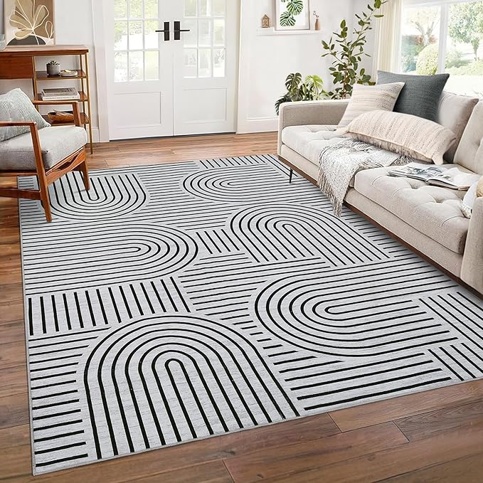Washable Rug 8x10 Area Rugs for Living Room, Abstract Rug for Bedroom, Soft Rainbow Non Slip Rugs with Rubber Back, Low Pile Stain Resistant Boho Geometric Carpet for Dining Room, Blackwhite