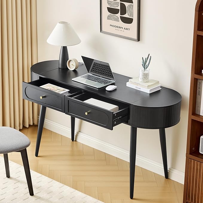 Practical 59" Wood Writing Desk, Home Office Laptop Desk with 2 Flip Hide Storage + 2 Drawer, MCM Elegant Fluted Multifunctional Study Desk for Apartment Bedroom (Black)