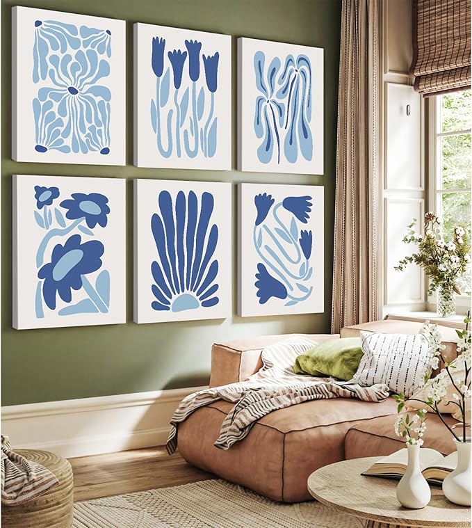 Matisse Flower Wall Art Prints Blue Abstract Wall Decor Aesthetic Matisse Canvas Wall Art Picasso Gallery Posters Matisse Preppy Pictures Flower Paintings for Bathroom 12x16 Inch Set of 6 Ready to Hang