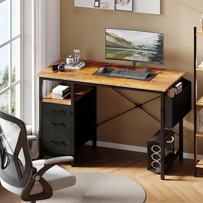 DUMOS 39" Computer Desk with Storage, Small Home Office Desk with 3 Fabric Drawers & Side Pocket, Space Saving Writing Desk for Apartment, Dorm, Gaming Workstation, Rustic Brown