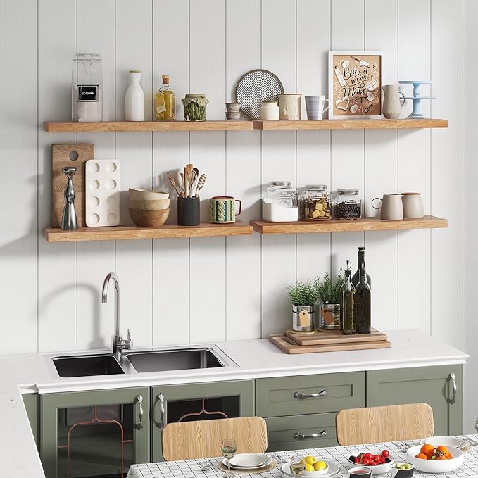 Reclaimed Elm Wood Floating Shelves for Wall, Flat Edge 24"W x 9.2"D x 1.4"H, Set of 2 with Invisible Bracket, Wall Mounted Shelves for Living Room Bedroom Kitchen Bathroom Decor, Natural Finish