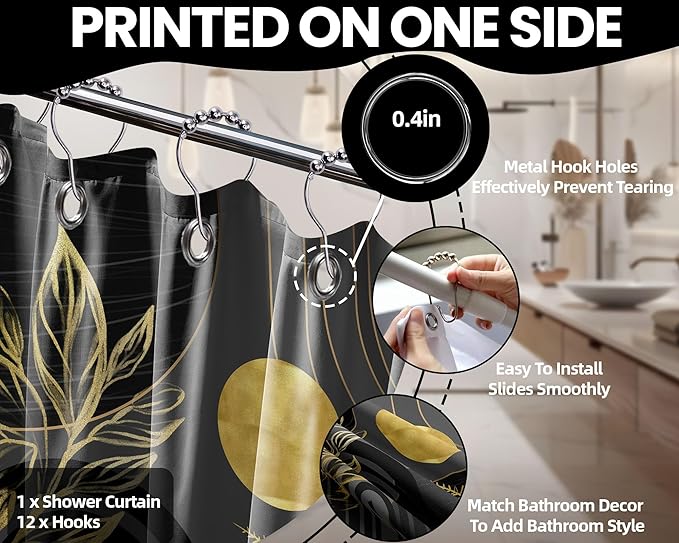 Black and Gold Shower Curtain Boho Mid Century Black and Dark Grey and Gold Shower Curtains for Bathroom Decor, Waterproof Cloth Fabric with Hooks, 70" W x 78" L