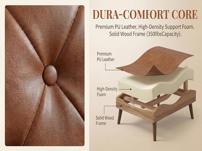 HNY Mid Century Modern Armchair, Button Tufted Faux Leather Accent Chair with Armrests, Upholstered Club Chair for Living Room, Bedroom & Office, Caramel Brown