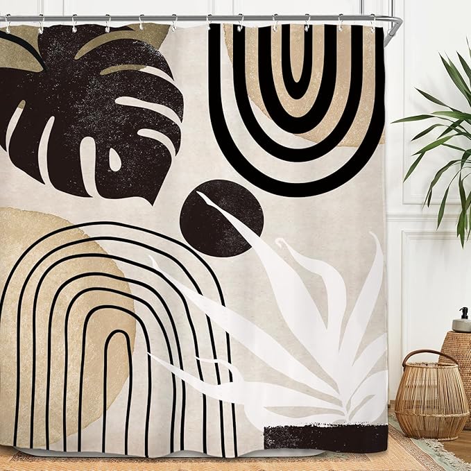 Miyotaa Abstract Black Tan Minimalist Shower Curtain Set 60Wx71H Inches Mid Century Aesthetic Modern Contemporary Plant Leaves Neutral Monstera Waterproof Bathroom Curtain with 12 Hooks