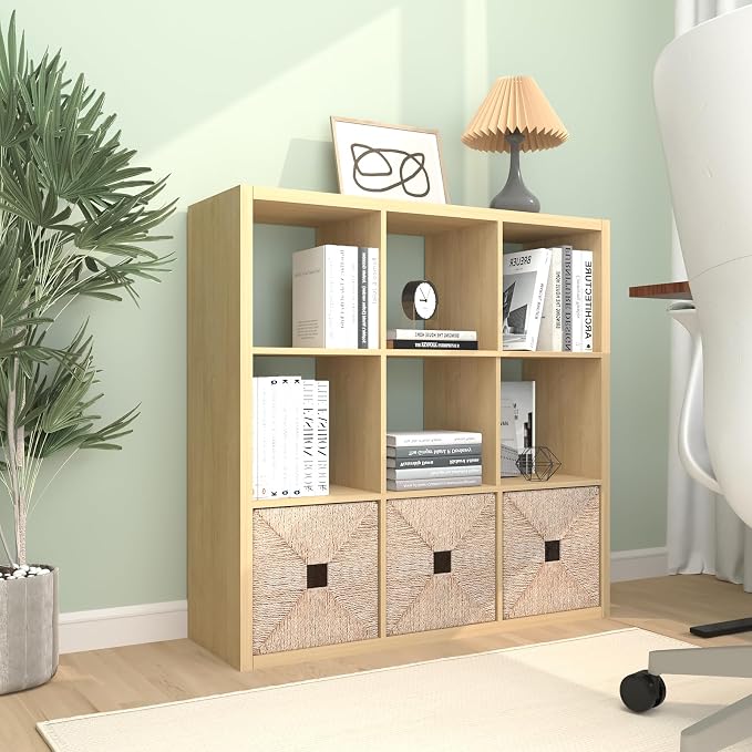 CTESNE【2026 Wooden Thick Frame 9 Cube Storage Organizer Shelf with Anti-Tipping Kits + Reversible Open Back Bookcase, Horizontal and Vertical Dual-use(Oak Color,11inch)