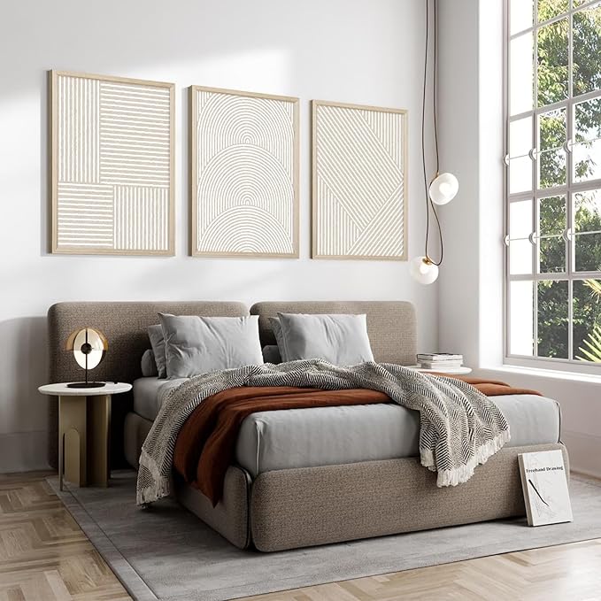 Beige Abstract Wall Art Pictures Set of 3 Boho Modern Canvas Wall Decor Neutral Line Wall Art Minimalist Art Abstract Beige Prints Painting Modern Artwork for Living Room Bedroom 16x24 Inch FRAMED