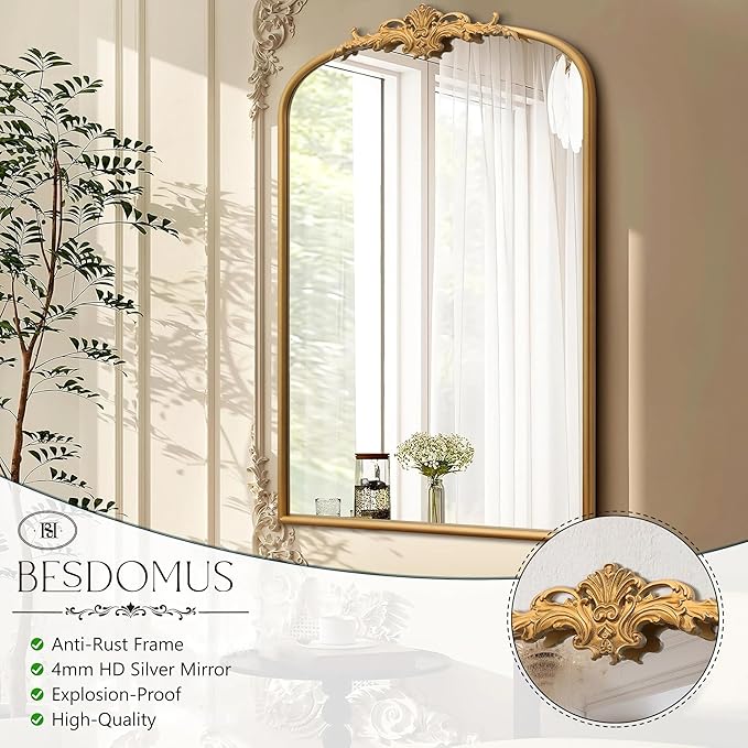 Besdomus Antique Arched Wall Mirror: 24"x36" Large Arch Gleaming Gold Vintage Wall Mounted Mirror - Traditional Ornate Home Decor for Entryway/Fireplace/Bathroom - Idea for Homemakers