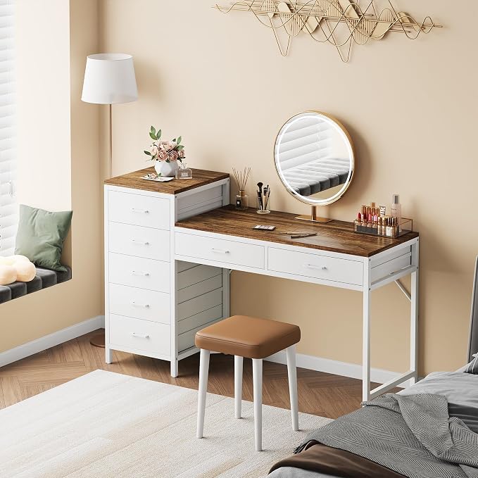 Computer Desk with Reversible Drawer, 55 inch Home Office Desks with 7 Drawers, Modern Compact Study Writing Table Workstation with Storage for Small Spaces, Light Brown and White