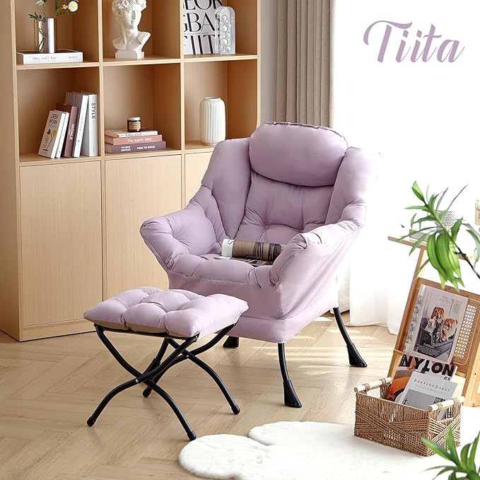 Tiita Lazy Chair with Ottoman, Purple Modern Large Accent Chair, Comfy Leisure Sofa Armchair with Ottoman, Reading Chair with Footrest for Bedroom, Living Room, Dorm Rooms, Purple