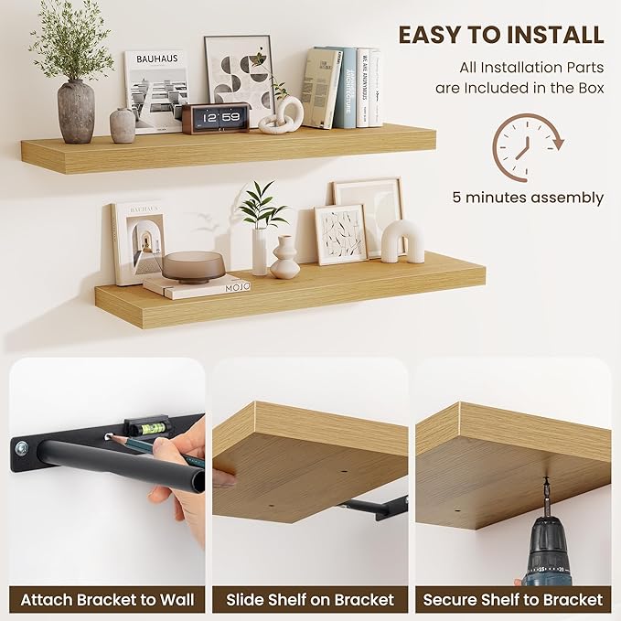 Fun Memories Floating Shelves for Wall 36 Inches, Wood Shelves with Invisible Bracket, 10" Deep Shelves Wall Mounted, Large Wood Floating Shelves for Living Room Bathroom, Oak, Set of 2