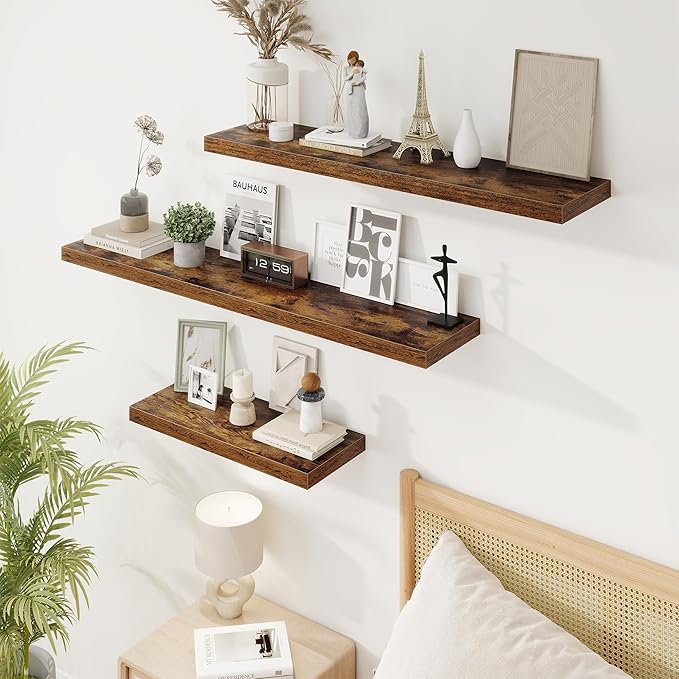 Marsmiles 48in Floating Shelves for Wall, 48" W x 9.25" D x 1.25" H, 2 Pack Long Wall Mounted Engineered Wood Shelves with Invisible Brackets for Living Room, Bedroom, Bathroom, Kitchen, Rustic Brown