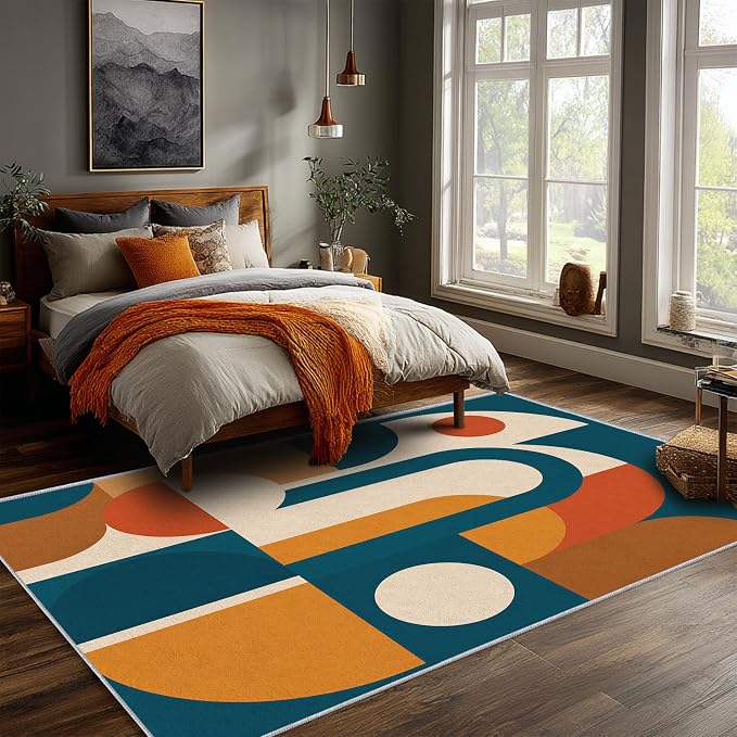 Mid Century Area Rug 5x6, Home Decor | Deep Teal Terracotta Arch Blocks, Retro Geometric Rug for Living Room, Bedroom, Home Office, Non Slip, Washable, Low Pile
