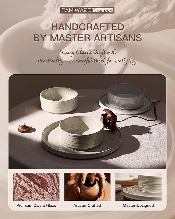 Stoneware Dinnerware Sets, Plate and Bowl Sets for 4, 12 Pieces Spiral Straight Dishware with Speckles and Reactive Glaze, Microwave Dishwasher Safe Family Tableware, White