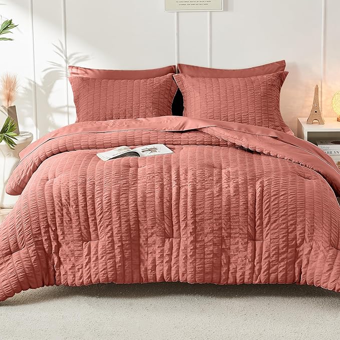 HYMOKEGE Coral Twin XL Comforter Set Seersucker 5 Pieces, All Season Luxury Bed in a Bag for Bedroom, Bedding Set with Comforter, Sheets, Pillowcase & Sham