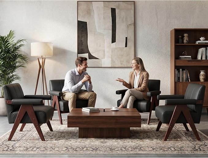 AODAILIHB Mid Century Modern Accent Chairs Set of 2, Solid Wood Frame Black Leather Armchairs, Modern Reading & Living Room Chairs for Office Guest & Waiting Room