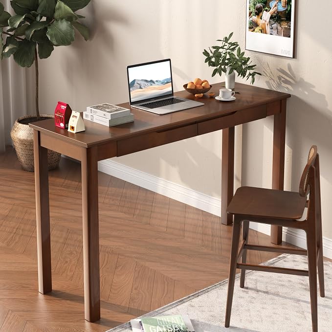 100% Solid Wood Desk with 2 Drawers, 47" Wooden Mid Century Modern Desk, Vintage Writing Desk Computer Table for Home, Office, Bedroom, Living Room