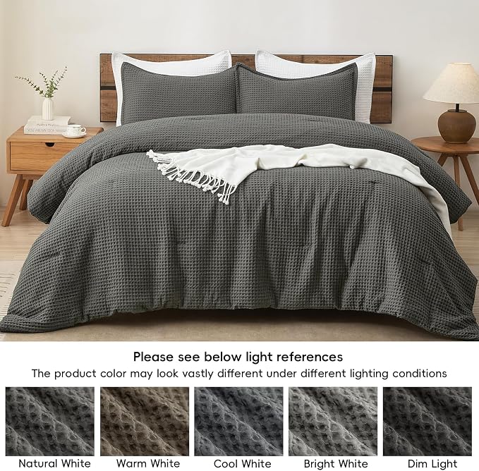 PHF Ultra Soft Waffle Weave Comforter Set California King Size, 3 Pieces Lightweight Breathable Comfy Bedding Set, Comfy Textured 1 Comforter with 2 Pillow Shams, Grey
